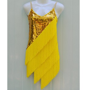 Women's girls kids children yellow custom size latin sequined paillette gold tassels high quality competition latin dance dress samba chacha dance dresses