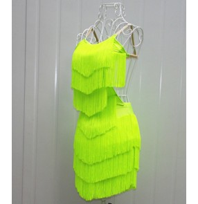 Women's girls kids orange neon green custom size diamond high quality latin dance dress salsa samba dance dress