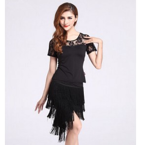 Women's girls lace hollow shoulder sleeves with tassels latin dance dress sets top and skirts