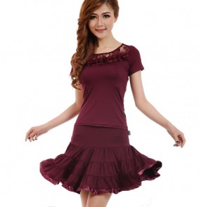 Women's girls lace  wine red black patchwork shoulder pleated skirt latin dance dress sets top and skirts
