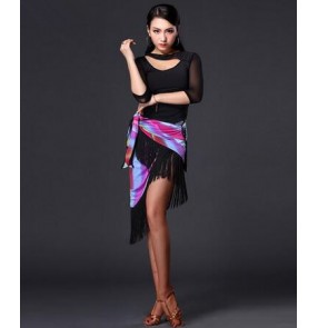 Women's girls ladies black and rainbow patchwork middle long sleeves latin samba salsa cha cha dance dresses sets top and rainbow hip scarf skirts
