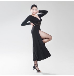 Women's girls ladies black deep side split lace see through waist v neck long sleeves professional exercises latin samba salsa cha cha dance dresses