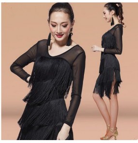 Women's girls ladies black fringe layers see through back long sleeves latin samba rumba salsa chacha dance dresses