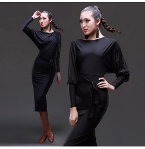 Women's girls ladies black long loose sleeves back split hem sexy senior professional competition latin salsa cha cha samba dance dresses