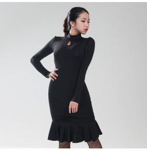 Women's girls ladies black long sleeves turtle neck latin dance dresses salsa samba rumba jive cha cha dance dresses