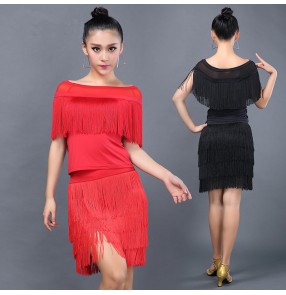 Women's girls ladies black red fringe exercises short sleeves salsa samba cha cha latin dance dresses sets top and skirt