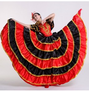 Women's girls ladies black red gold Spanish bull dance folk dance costumes short sleeves stage performance dance dresses clothes 540 big degree