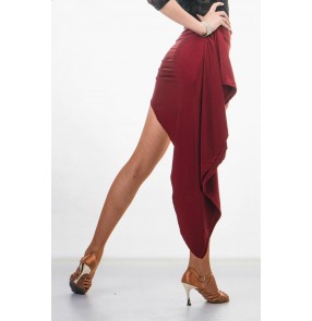 Women's girls ladies black red wine red irregular hem side split sexy latin samba salsa cha cha dance skirts 