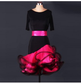 Women's girls ladies black with fuchsia ruffles  middle long sleeves professional exercises latin dresses samba salsa chacha dresses with sashes