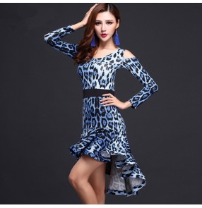 Women's girls ladies blue brown leopard sexy zebra latin dance dress samba salsa dance dress M-XL