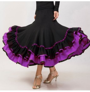 Women's girls ladies blue fuchsia violet red turquoise ruffles patchwork competition standard black ballroom dance skirt tango waltz dance skirt