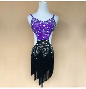 Women's girls ladies children kids violet white custom size handmade rhinestone beaded high quality competition straps backless tassels latin dresses salsa samba chacha dance dresses