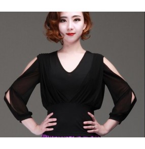 Women's girls ladies female black exposure shoulder loose sleeves ballroom latin salsa samba rumba tango waltz dance tops shirts