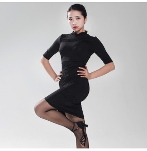 Women's girls ladies female black middle long sleeves turtle neck professional latin samba rumba salsa cha cha dance dresses