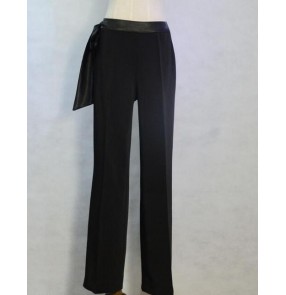 Women's girls ladies female black side ribbon right waist with silk bowknot  high quality competition ballroom dance long pants latin dance pants tango pants trousers