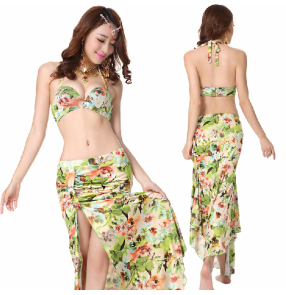 Women's girls ladies female floral green printed sexy fashionable competition belly dance costumes dresses set bra top and skirt