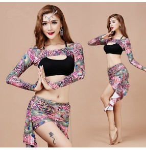 Women's girls ladies female fuchsia green blue brown peacock printed floral exercises sexy belly dance costume vest shawl skirt dance wear