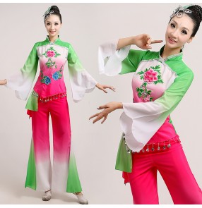 Women's girls ladies female fuchsia green gradient color long sleeves Chinese folk dance yangko dance fan dance costumes 