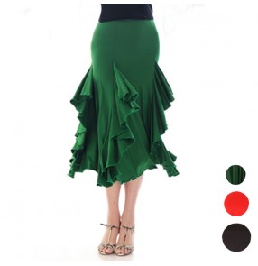 Women's girls ladies female green black red ruffles sexy professional latin dance skirts salsa samba rumba jive cha cha dance skirts