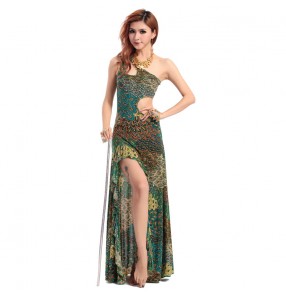 Women's girls ladies female green peacock printed floral exercises sexy professional competition belly dance costumes dresses dancewear