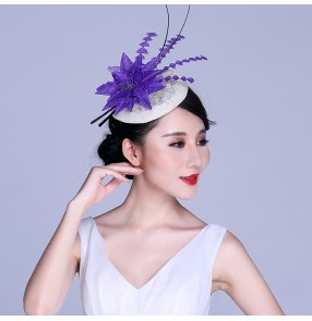 Women's girls ladies female ivory violet patchwork sinamay feather 100% linen high quality wedding evening  party bridal event pill box hats top fedoras