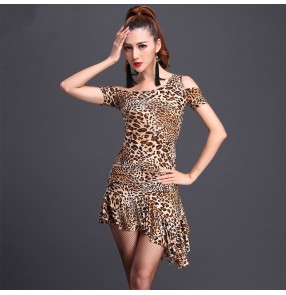 Women's girls ladies female leopard black red short sleeves exposure shoulder sexy latin dance dresses sets samba salsa cha cha rumba dance sets