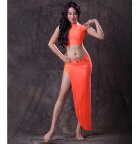 Women's girls ladies female orange fuchsia senior professional exercises belly dance costumes set dance dresses top and skirt ( no diamond sashes)