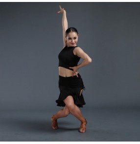 Women's girls ladies female professional  black sexy sleeveless latin dance dresses sets top and side split hem skirt samba salsa dance dresses