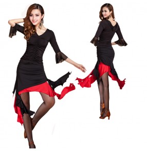 Women's girls ladies female red and black patchwork irregular hem skirt middle long sleeves tops latin dresses set samba salsa cha cha dance dresses dance wear clothes