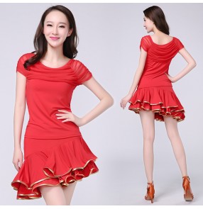 Women's girls ladies female red black mesh see through short sleeves top ruffles short skirt length latin salsa samba chacha