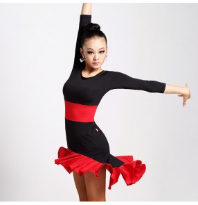 Women's girls ladies female red black patchwork leopard long sleeves competition exercises latin ballroom salsa cha cha dance dresses 