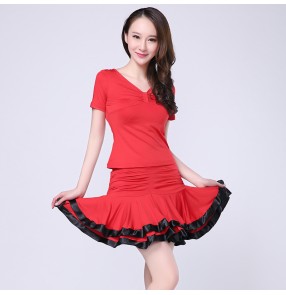 Women's girls ladies female red black ruffles skirt shor sleeves v neck top sexy exercises latin dance dresses sets salsa samba cha cha dance dresses