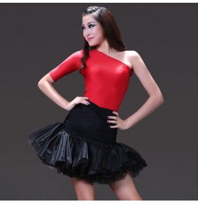 Women's girls ladies female red black sexy compeittion short sleeves one shoulder latin dance dresses sets samba salsa rumba cha cha jive dance dresses sets tops and skirts