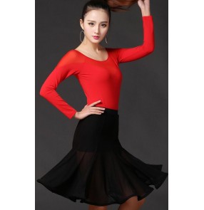 Women's girls ladies female red black white patchwork latin dance dresses set samba salsa cha cha leotard top and skirts