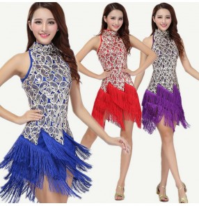 Women's girls ladies female red gold black violet royal blue white cheongsam sleeveless turtle neck fringe tassel latin dance dresses samba salsa cha cha dance dresses