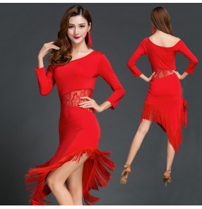Women's girls ladies female red irregular hem lace see through waist long sleeves  latin dresses samba salsa cha cha dance dresses 
