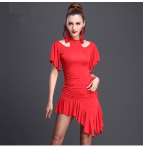 Women's girls ladies female short sleeves black red leopard latin dance dresses sets top and skirts salsa samba rumba cha cha dance dresses sets