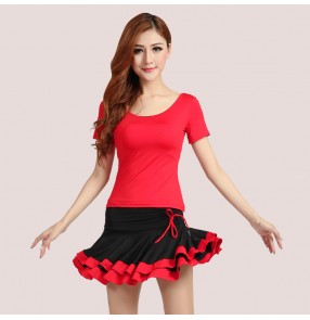 Women's girls ladies female short sleeves leopard black red latin dresses sets samba rumba salsa cha cha dance dresses tops and skirts