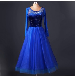 Women's girls  ladies female velvet long sleeve senior professional competition rhinestones luxury ballroom dance dresses tango waltz  cha cha dance dresses