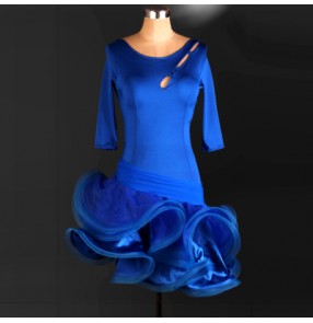 Women's girls ladies fish net bone ruffles hem middle long sleeves competition professional latin dresses samba salsa chacha dresses