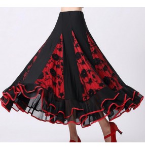 Women's girls ladies floral  fuchsia red black patchwork full skirted standard bottom long length ballroom dance skirts waltz tango flamenco dance skirts