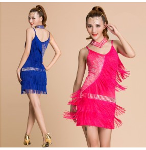 Women's girls ladies fringes tassels straps turquoise fuchsia purple yellow royal blue sexy professional competition latin dresses samba rumba chacha salsa dance dresses