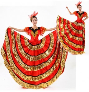 Women's girls ladies gold and red Spanish bull dance dresses modern stage performance costumes 540 degree hem