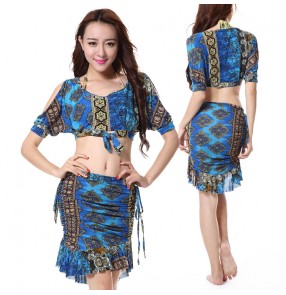 Women's girls ladies green leopard fuchsia leopard turquoise floral royal blue floral vintage middle long sleeves belly dance costumes set top and skirt set