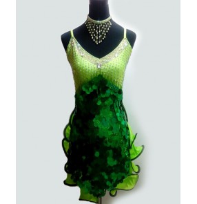 Women's girls ladies green sequined backless professional competition latin dresses samba dresses salsa dresses