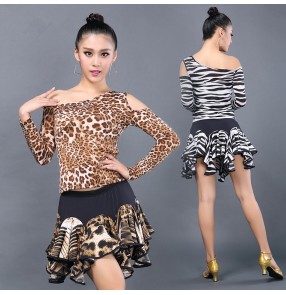Women's girls ladies leopard zebra printed long sleeves one inclined shoulder latin dance dresses sets top and skirts salsa samba cha cha dance dresses