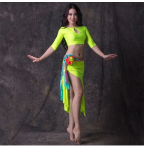 Women's girls ladies neon green white black sky blue flowers sashes top and side split irregular hem skirts senior competition professional belly dance costumes dresses sets