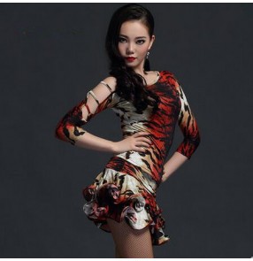 Women's girls ladies one hollow sleeves  red tiger violet black salsa latin dresses samba rumba chacha tango salsa dresses dance wear sets