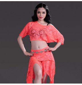 Women's girls ladies orange wine red black fuchsia lace sexy fashionable belly dance costumes dresses set top and skirt no diamond sashes