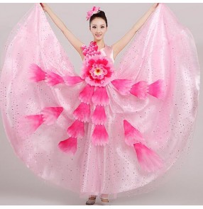 Women's girls ladies pink red big flower sleeveless modern stage opening dance performance costumes dresses  big skirted hem 540 degree